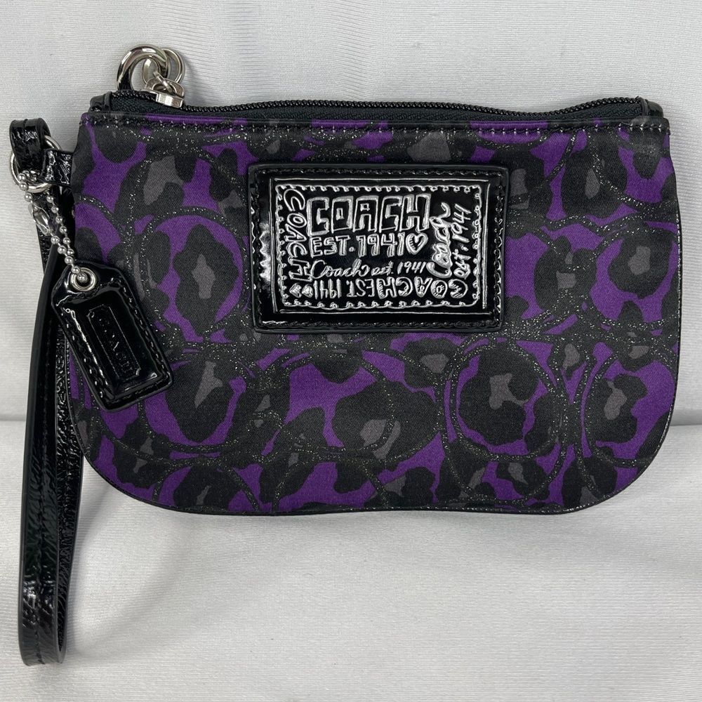 Coach Poppy Daisy Purple and Black Ocelot Pattern Wristlet